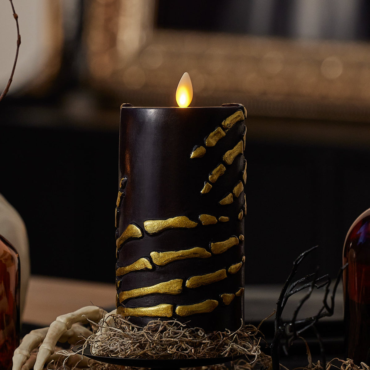 Black and Gold Skeleton Hands Flameless Candle Pillar